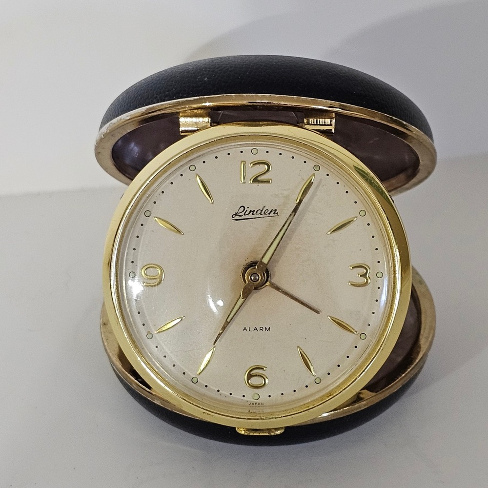 Vintage Linden Travel Alarm Clock Gold Tone Mechanical Wind Up Japan Black Case
